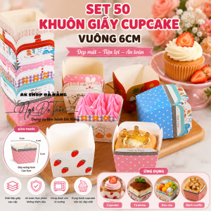 Set 50 khuôn giấy cupcake cứng vuông 6cm